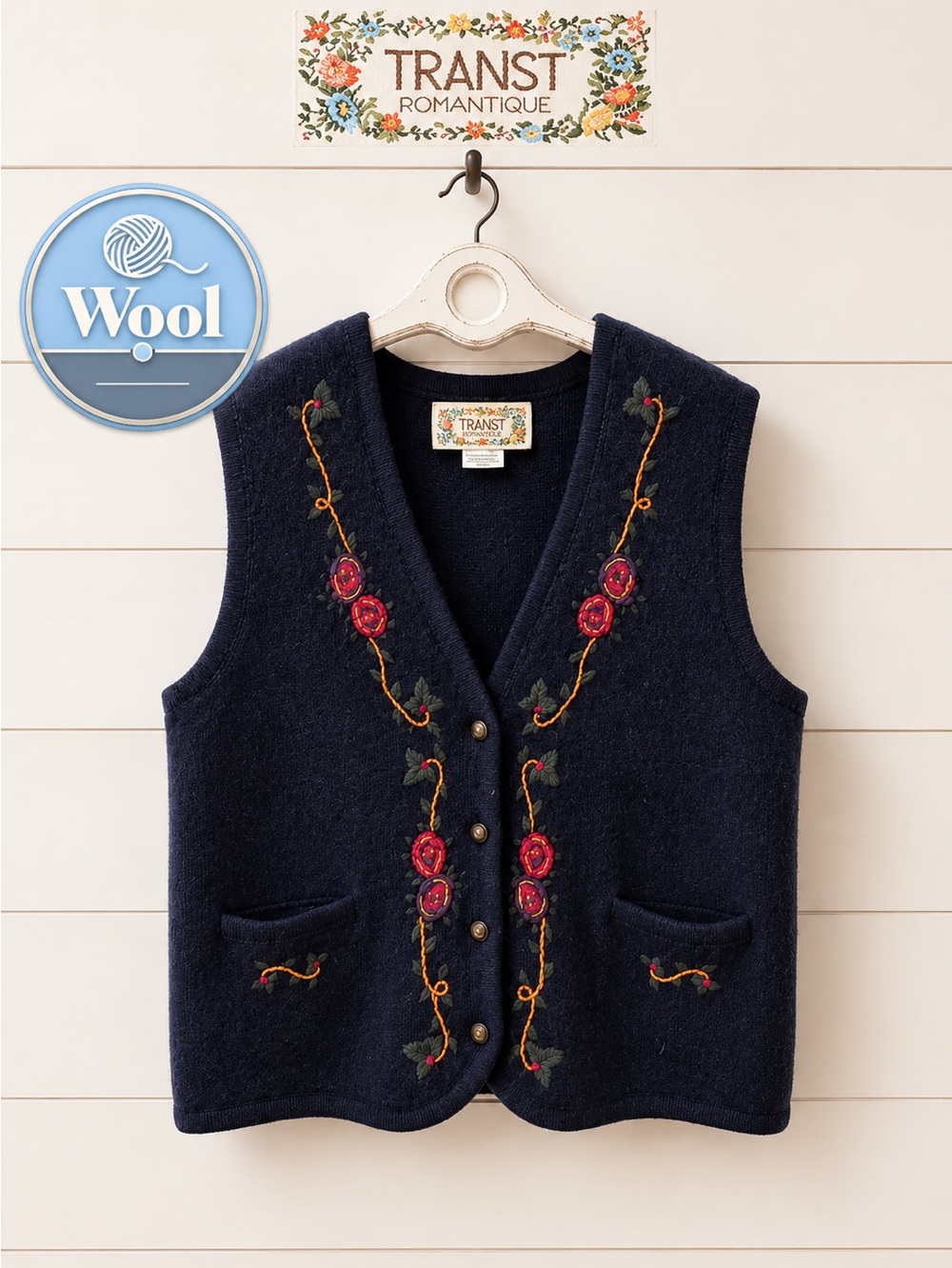 VINTAGE TRANSIT ROMANTICA Embroidered Wool Vest – Navy Blue – Size L